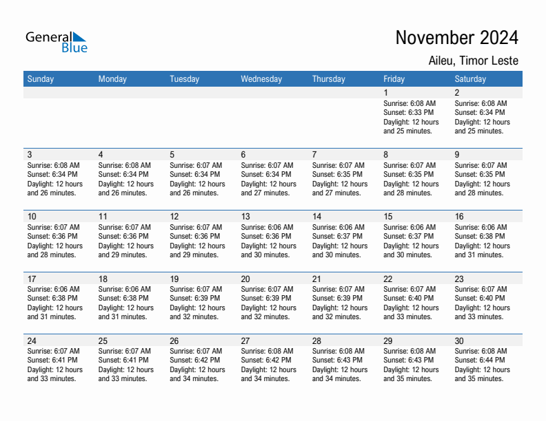 Aileu November 2024 sunrise and sunset calendar in PDF, Excel, and Word