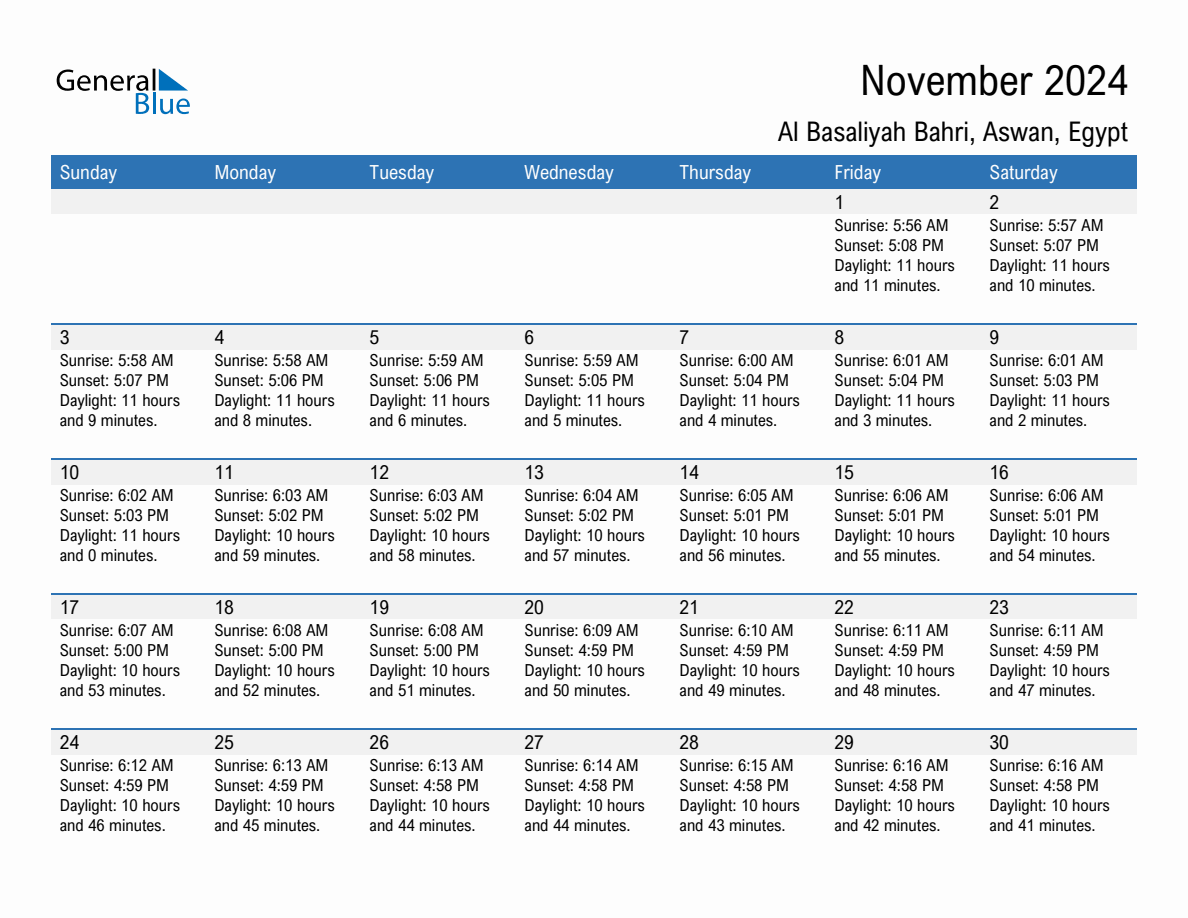 November 2024 sunrise and sunset calendar for Al Basaliyah Bahri