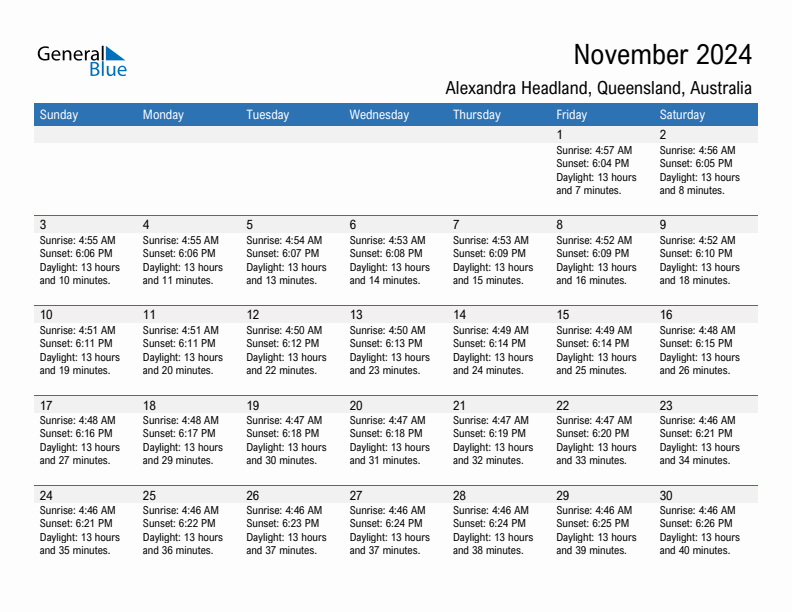 Alexandra Headland November 2024 sunrise and sunset calendar in PDF, Excel, and Word