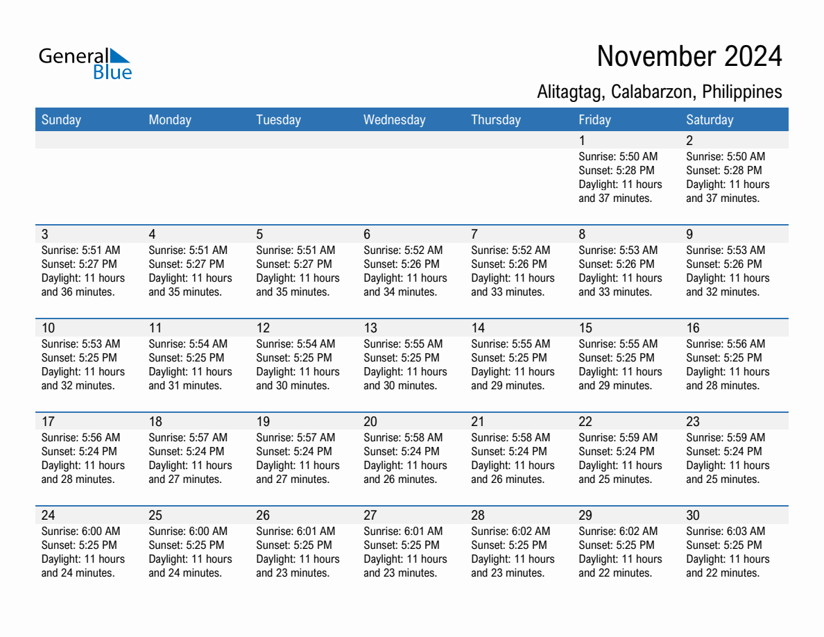 November 2024 sunrise and sunset calendar for Alitagtag