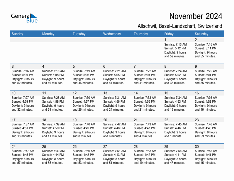 Allschwil November 2024 sunrise and sunset calendar in PDF, Excel, and Word