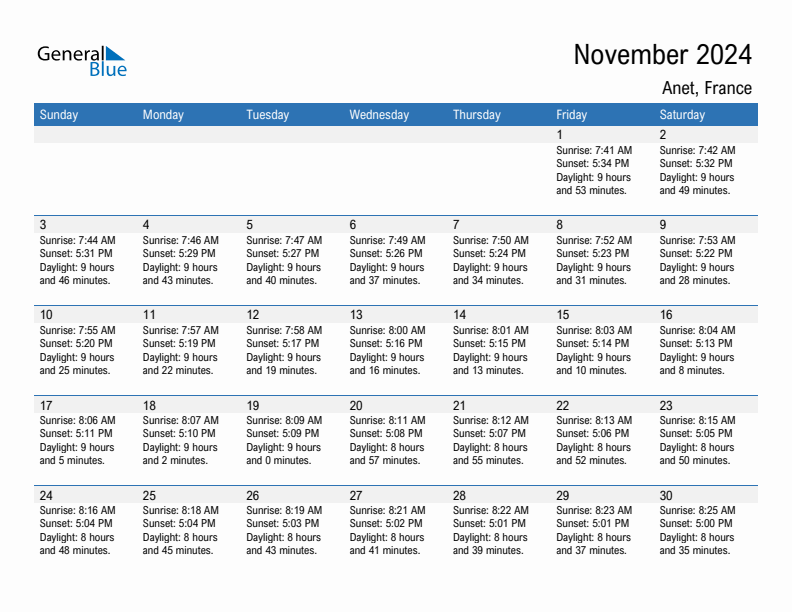 Anet November 2024 sunrise and sunset calendar in PDF, Excel, and Word