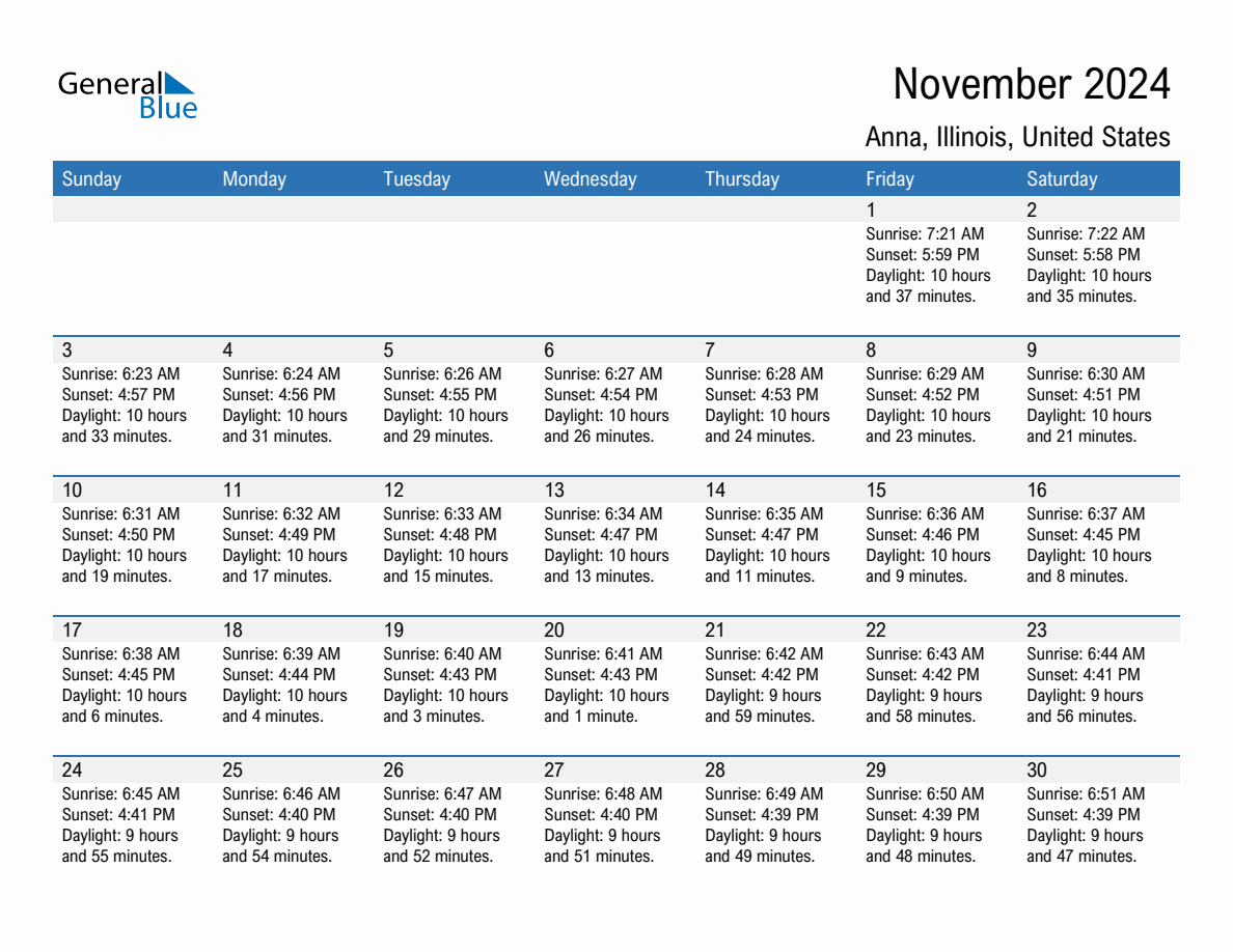 November 2024 sunrise and sunset calendar for Anna