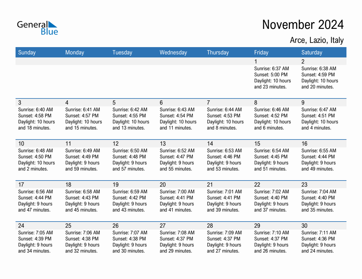 November 2024 sunrise and sunset calendar for Arce