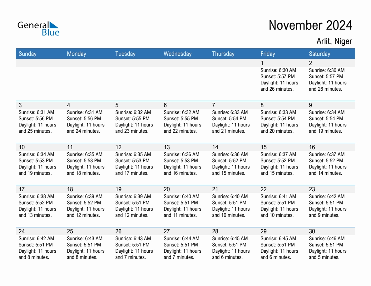 November 2024 sunrise and sunset calendar for Arlit