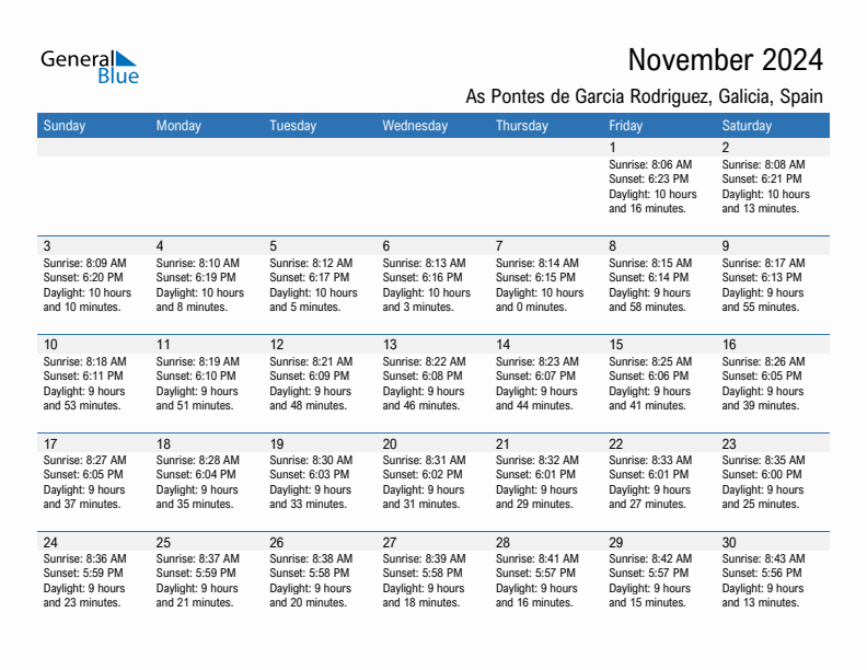 As Pontes de Garcia Rodriguez November 2024 sunrise and sunset calendar in PDF, Excel, and Word