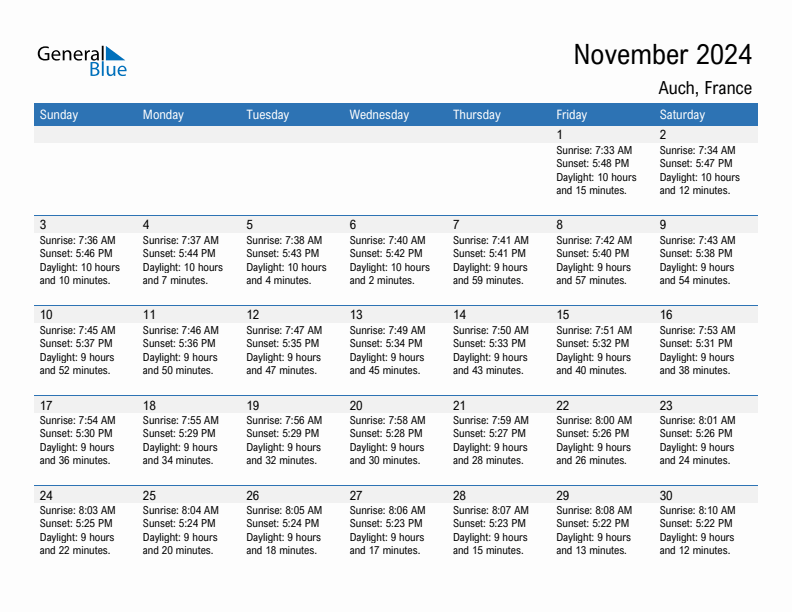 Auch November 2024 sunrise and sunset calendar in PDF, Excel, and Word