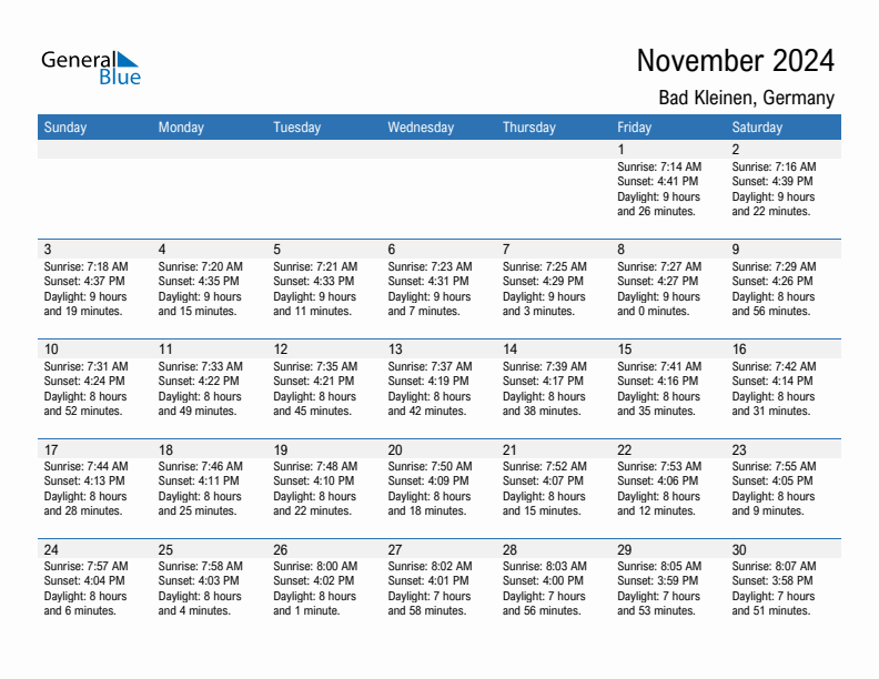 Bad Kleinen November 2024 sunrise and sunset calendar in PDF, Excel, and Word