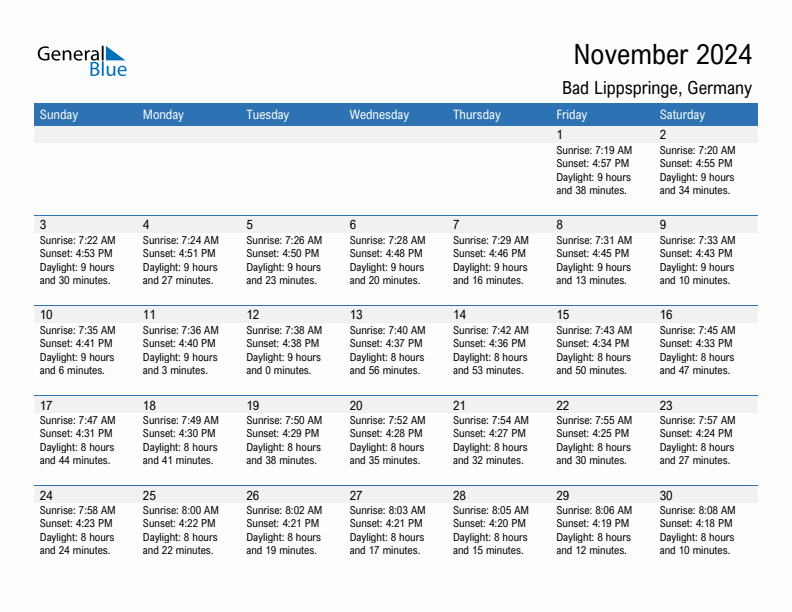 Bad Lippspringe November 2024 sunrise and sunset calendar in PDF, Excel, and Word