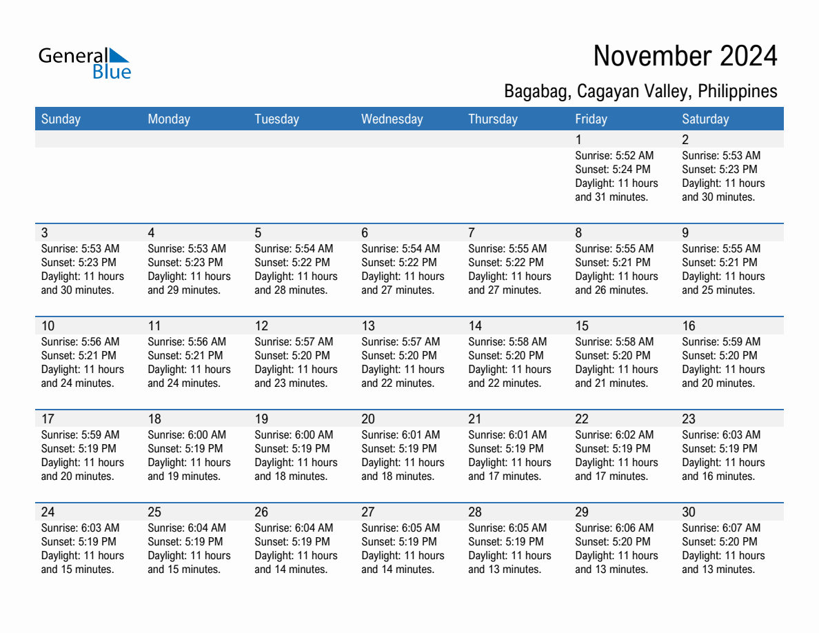 November 2024 sunrise and sunset calendar for Bagabag