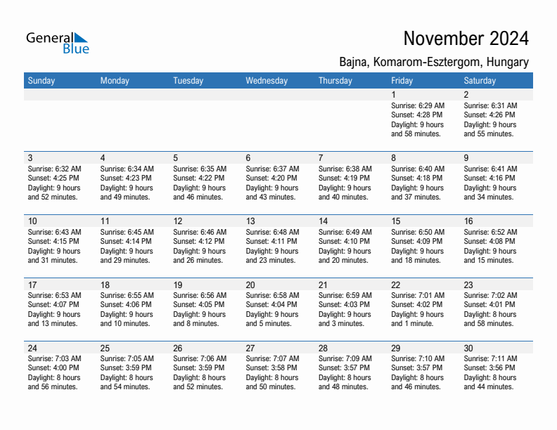 Bajna November 2024 sunrise and sunset calendar in PDF, Excel, and Word