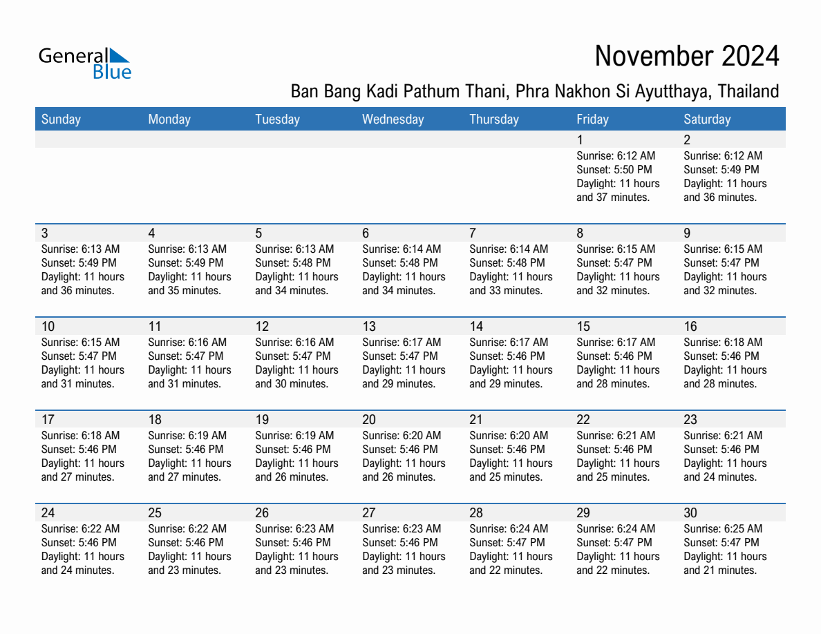 November 2024 sunrise and sunset calendar for Ban Bang Kadi Pathum Thani