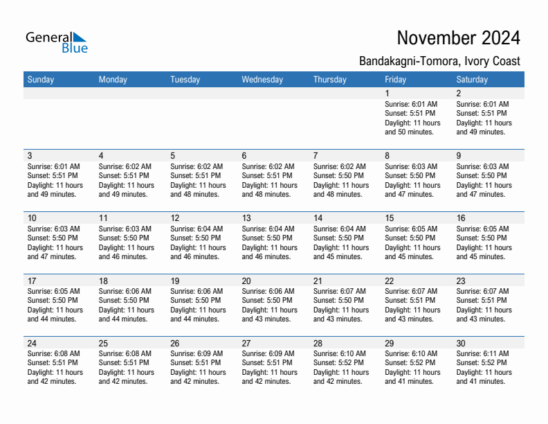 Bandakagni-Tomora November 2024 sunrise and sunset calendar in PDF, Excel, and Word