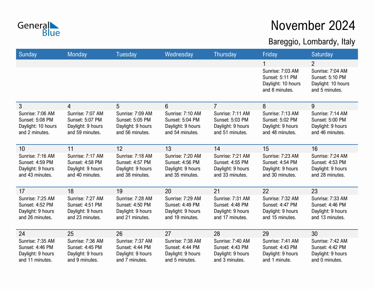 November 2024 sunrise and sunset calendar for Bareggio