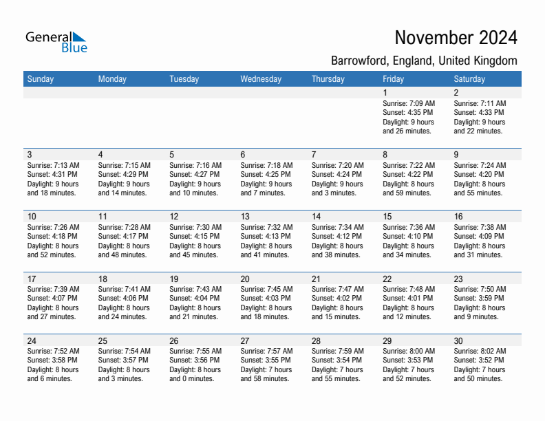 Barrowford November 2024 sunrise and sunset calendar in PDF, Excel, and Word