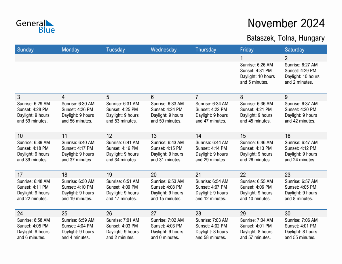 November 2024 sunrise and sunset calendar for Bataszek