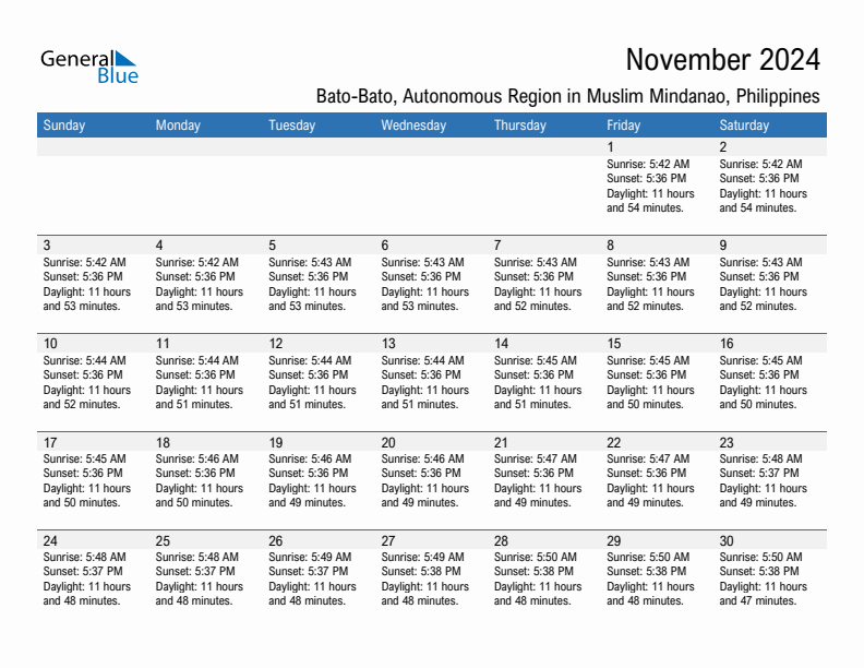 Bato-Bato November 2024 sunrise and sunset calendar in PDF, Excel, and Word