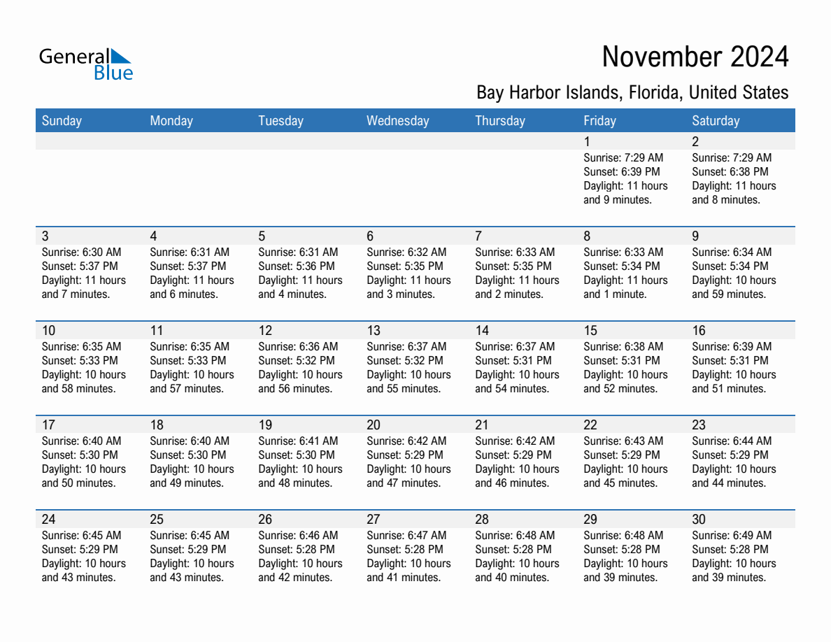 November 2024 sunrise and sunset calendar for Bay Harbor Islands