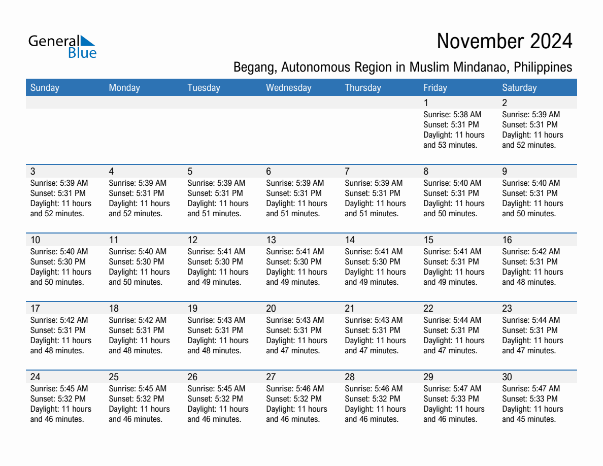 November 2024 sunrise and sunset calendar for Begang