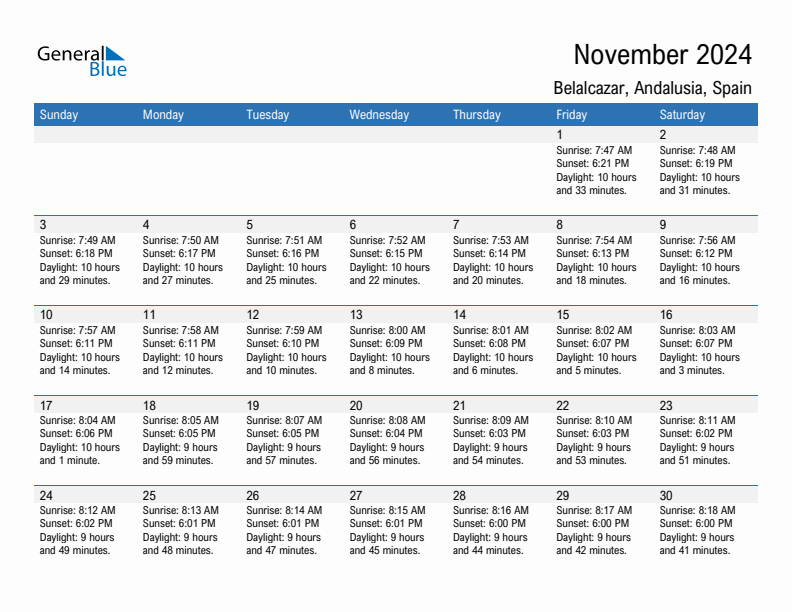 Belalcazar November 2024 sunrise and sunset calendar in PDF, Excel, and Word