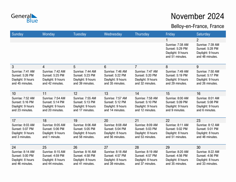 Belloy-en-France November 2024 sunrise and sunset calendar in PDF, Excel, and Word