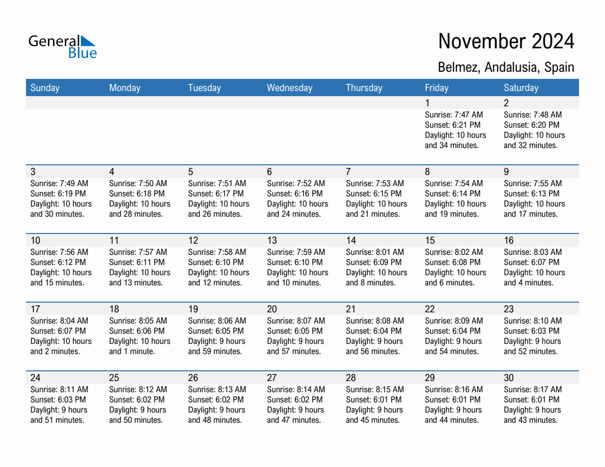 November 2024 sunrise and sunset calendar for Belmez