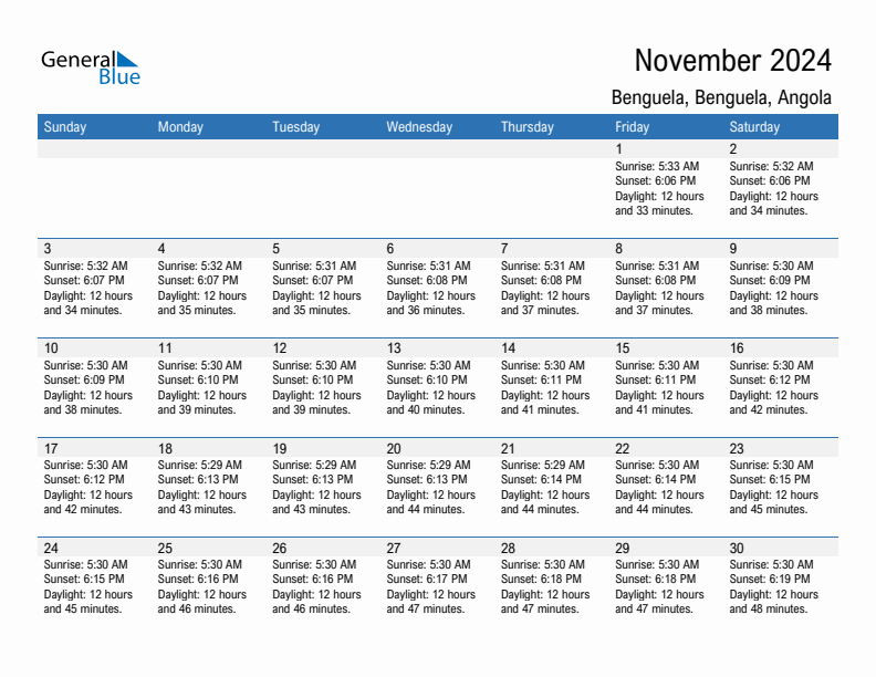 Benguela November 2024 sunrise and sunset calendar in PDF, Excel, and Word
