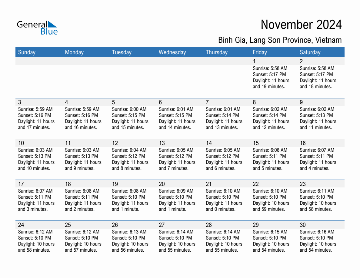 November 2024 sunrise and sunset calendar for Binh Gia