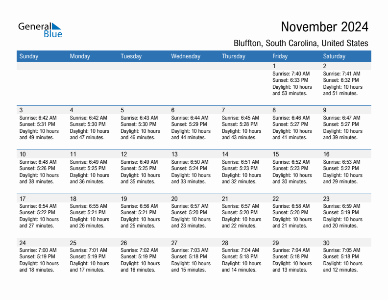 Bluffton November 2024 sunrise and sunset calendar in PDF, Excel, and Word