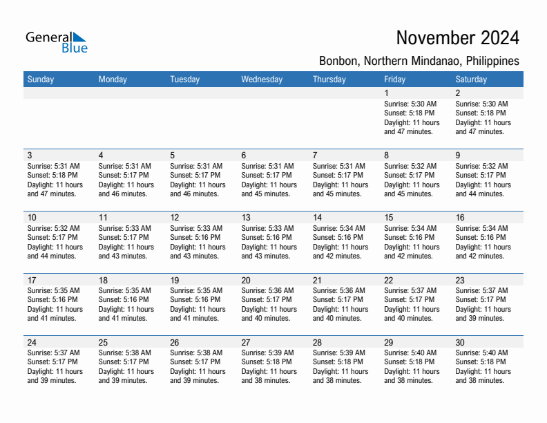 Bonbon November 2024 sunrise and sunset calendar in PDF, Excel, and Word