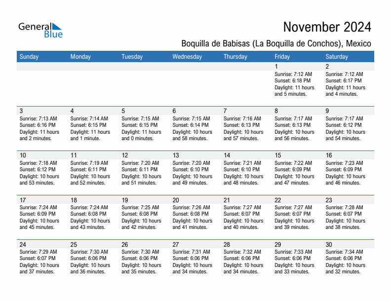 Boquilla de Babisas (La Boquilla de Conchos) November 2024 sunrise and sunset calendar in PDF, Excel, and Word