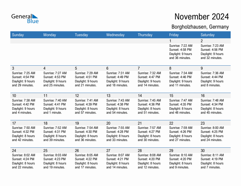 Borgholzhausen November 2024 sunrise and sunset calendar in PDF, Excel, and Word