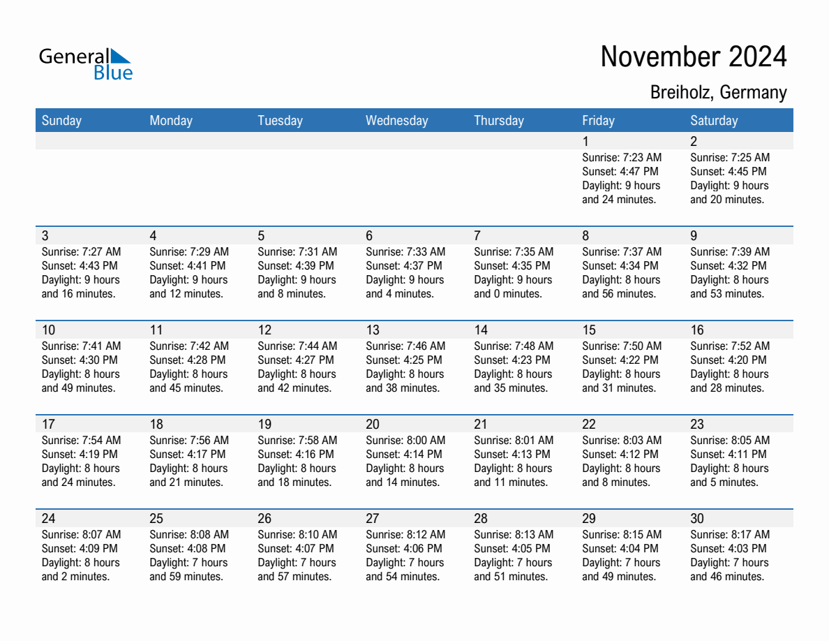 November 2024 Sunrise and Sunset Calendar for Breiholz (PDF, Excel, Word)