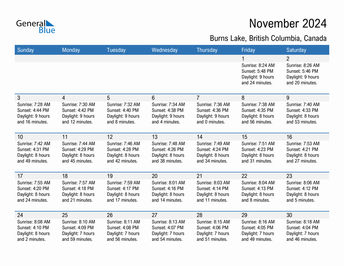 November 2024 sunrise and sunset calendar for Burns Lake