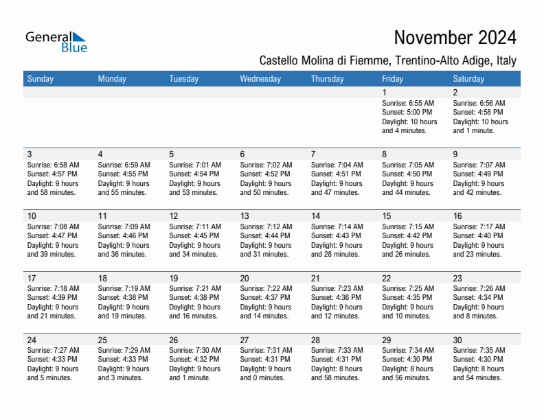 Castello Molina di Fiemme November 2024 sunrise and sunset calendar in PDF, Excel, and Word