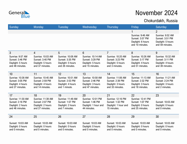 Chokurdakh November 2024 sunrise and sunset calendar in PDF, Excel, and Word