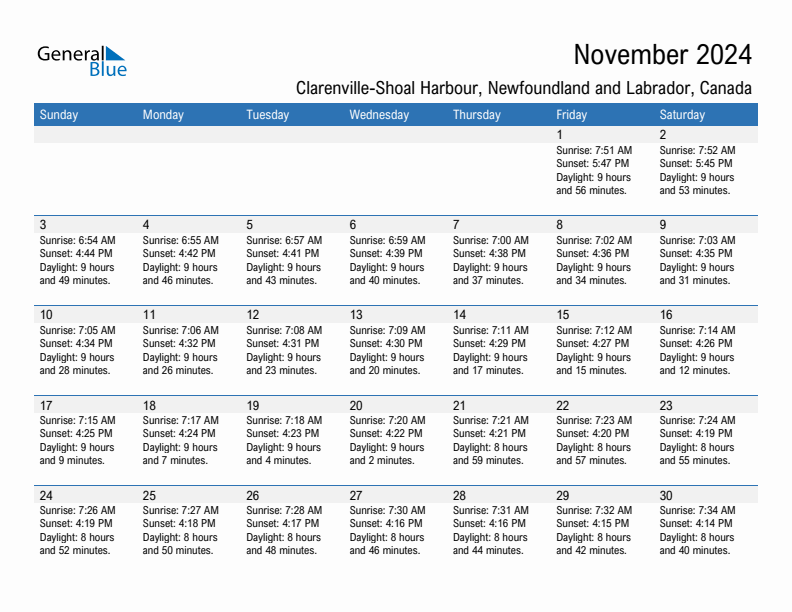 Clarenville-Shoal Harbour November 2024 sunrise and sunset calendar in PDF, Excel, and Word