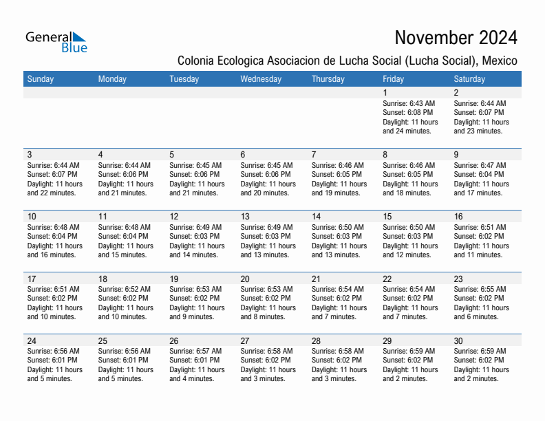 Colonia Ecologica Asociacion de Lucha Social (Lucha Social) November 2024 sunrise and sunset calendar in PDF, Excel, and Word