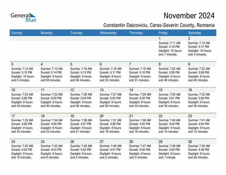 Constantin Daicoviciu November 2024 sunrise and sunset calendar in PDF, Excel, and Word