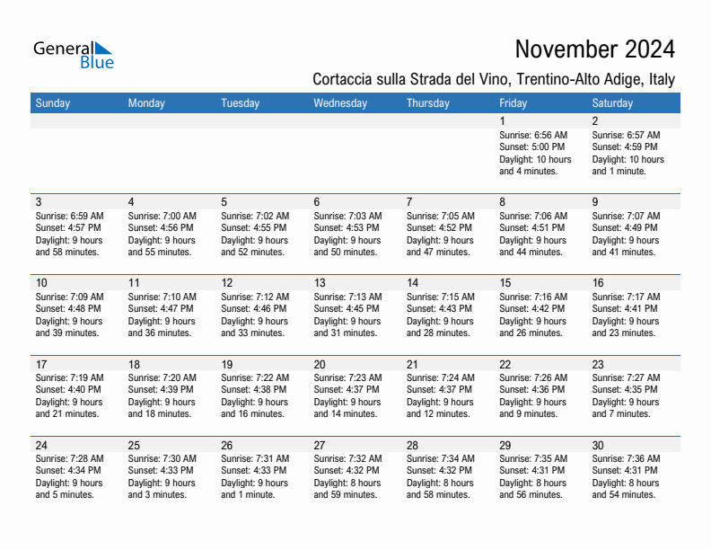 Cortaccia sulla Strada del Vino November 2024 sunrise and sunset calendar in PDF, Excel, and Word