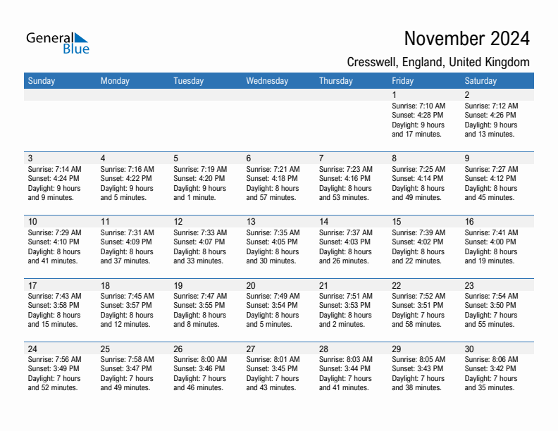 Cresswell November 2024 sunrise and sunset calendar in PDF, Excel, and Word