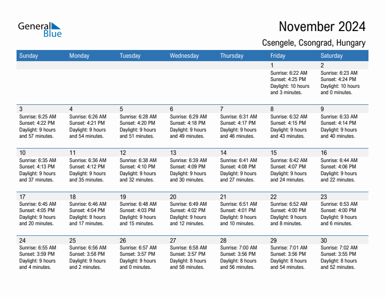 Csengele November 2024 sunrise and sunset calendar in PDF, Excel, and Word