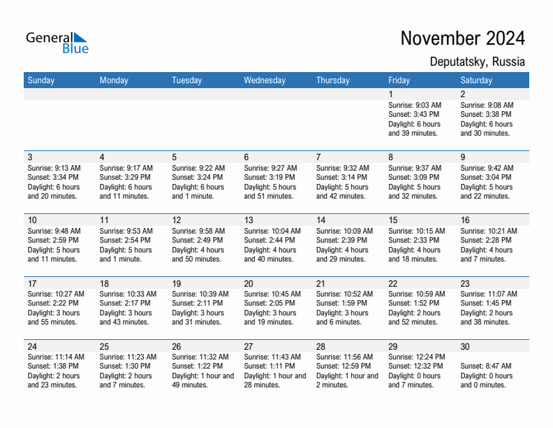 Deputatsky November 2024 sunrise and sunset calendar in PDF, Excel, and Word