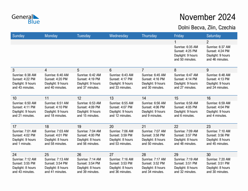 Dolni Becva November 2024 sunrise and sunset calendar in PDF, Excel, and Word