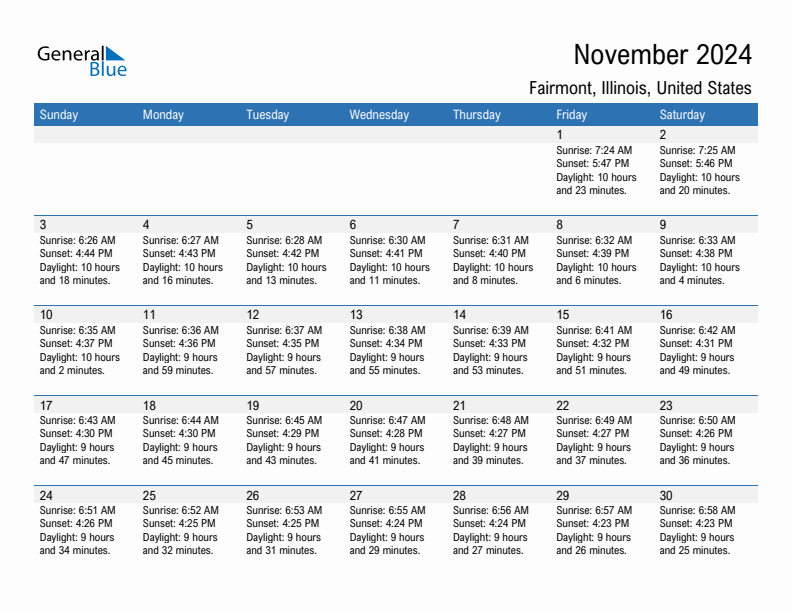 Fairmont November 2024 sunrise and sunset calendar in PDF, Excel, and Word