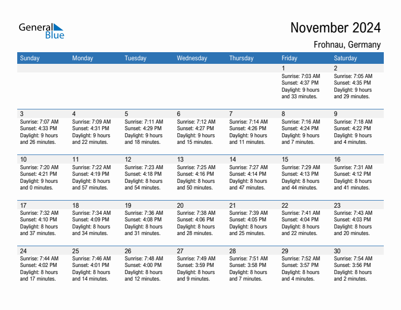 Frohnau November 2024 sunrise and sunset calendar in PDF, Excel, and Word