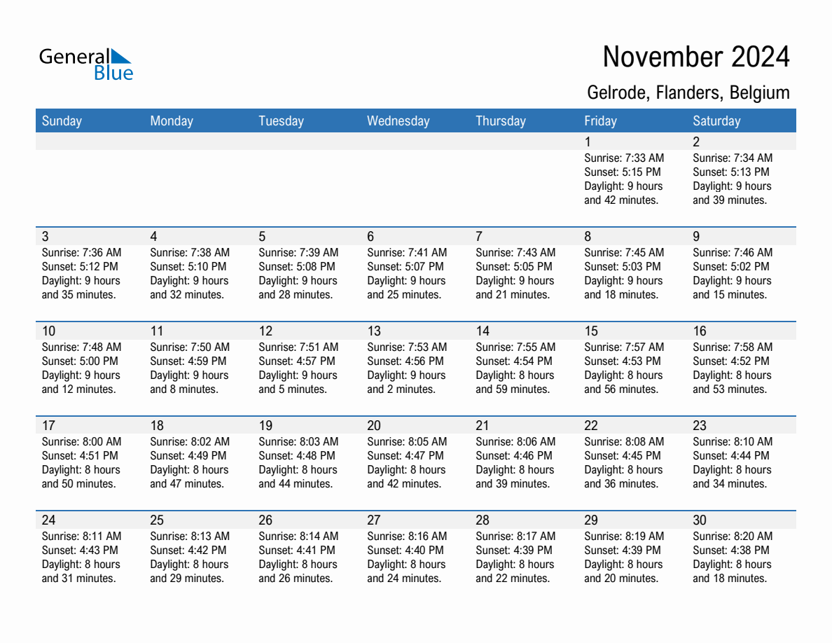 November 2024 sunrise and sunset calendar for Gelrode