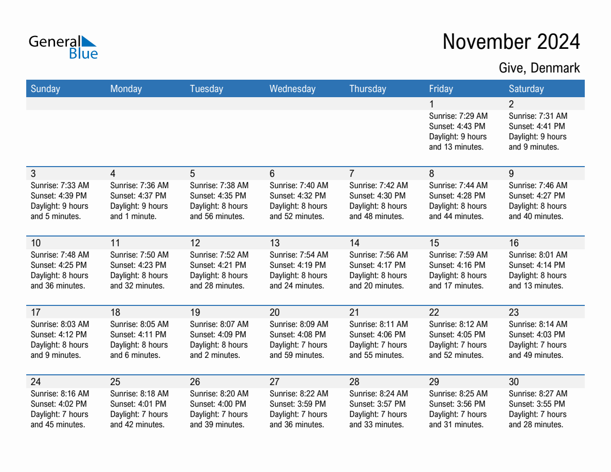 November 2024 sunrise and sunset calendar for Give