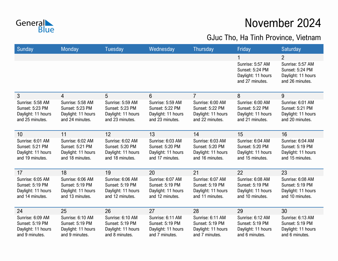 November 2024 sunrise and sunset calendar for GJuc Tho