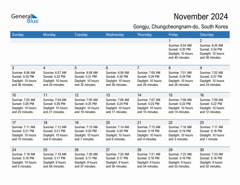 Gongju November 2024 sunrise and sunset calendar in PDF, Excel, and Word